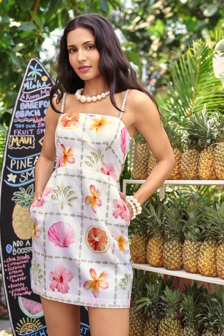 Shop_Verano By Tanya_White Cotton, Linen Beads Square Neck Floral Print Alani Short Dress _Online_at_Aza_Fashions