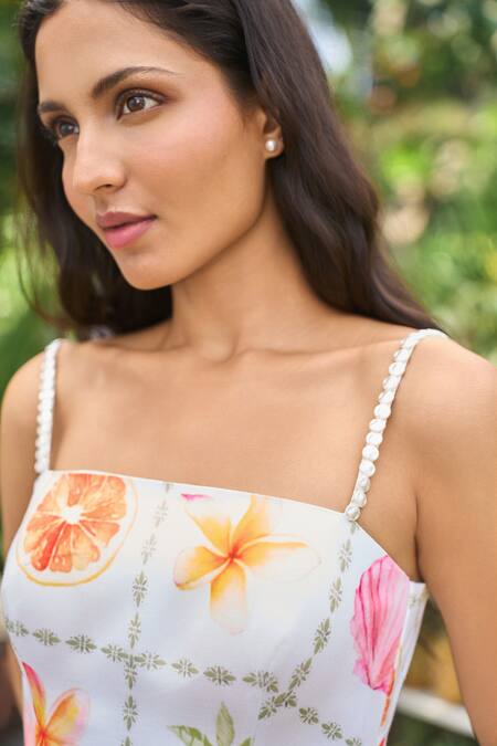 Verano By Tanya_White Cotton, Linen Beads Square Neck Floral Print Alani Short Dress _at_Aza_Fashions