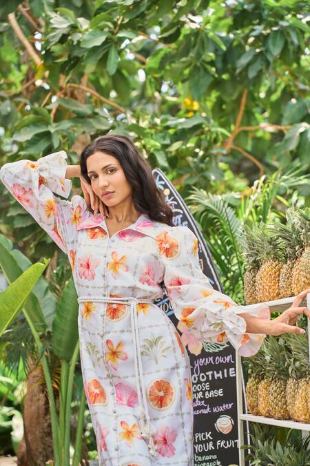 Buy Verano By Tanya White Cotton, Linen Tassels Collared Floral Print Midi Dress With Belt Buy_Verano By Tanya_White Cotton, Linen Tassels Collared Floral Print Midi Dress With Belt