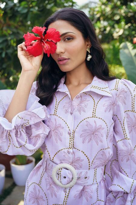 Buy_Verano By Tanya_Lilac Cotton, Linen Collared Maui Mini Dress With Belt _Online_at_Aza_Fashions