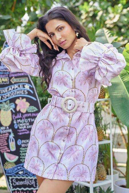 Shop_Verano By Tanya_Lilac Cotton, Linen Collared Maui Mini Dress With Belt _Online_at_Aza_Fashions