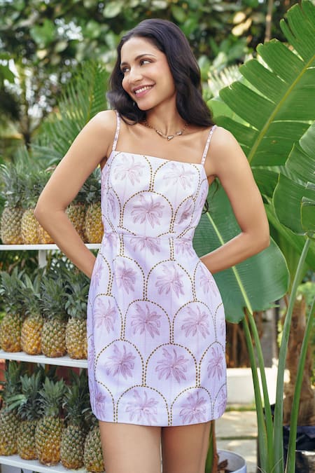 Buy_Verano By Tanya_Lilac Cotton, Linen Beads Square Neck Maui Short Dress _Online_at_Aza_Fashions