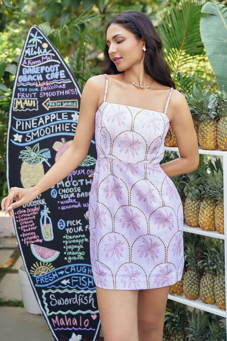 Shop_Verano By Tanya_Lilac Cotton, Linen Beads Square Neck Maui Short Dress _Online_at_Aza_Fashions