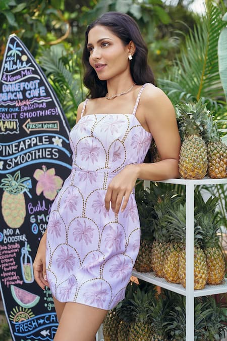 Verano By Tanya_Lilac Cotton, Linen Beads Square Neck Maui Short Dress _at_Aza_Fashions