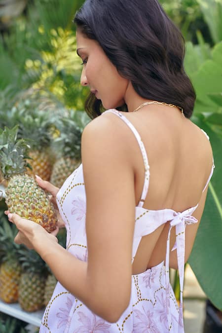 Buy_Verano By Tanya_Lilac Cotton, Linen Beads Square Neck Maui Short Dress 