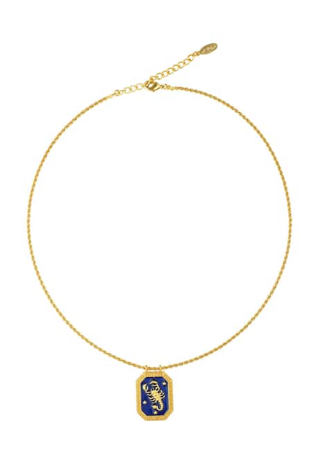 Shop Zariin Gold Plated Scorpio Zodiac Tablet Necklace at Aza Fashions Shop_Zariin_Gold Plated Scorpio Zodiac Tablet Necklace _at_Aza_Fashions