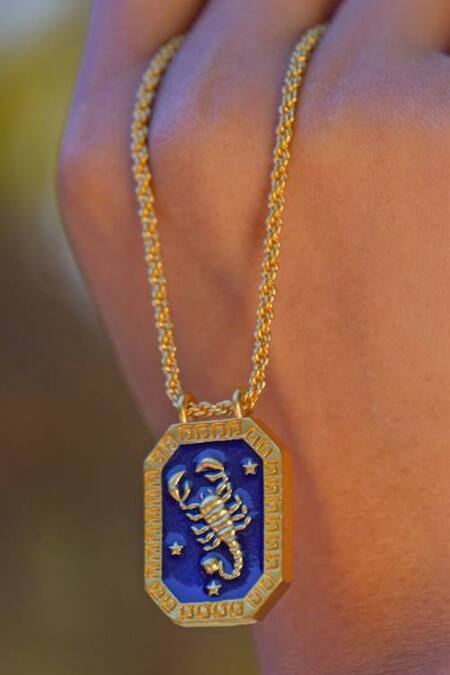 Shop Zariin Gold Plated Scorpio Zodiac Tablet Necklace Online at Aza Fashions Shop_Zariin_Gold Plated Scorpio Zodiac Tablet Necklace _Online_at_Aza_Fashions