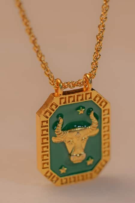 Shop_ZARIIN_Gold Plated Taurus Zodiac Tablet Necklace _Online_at_Aza_Fashions