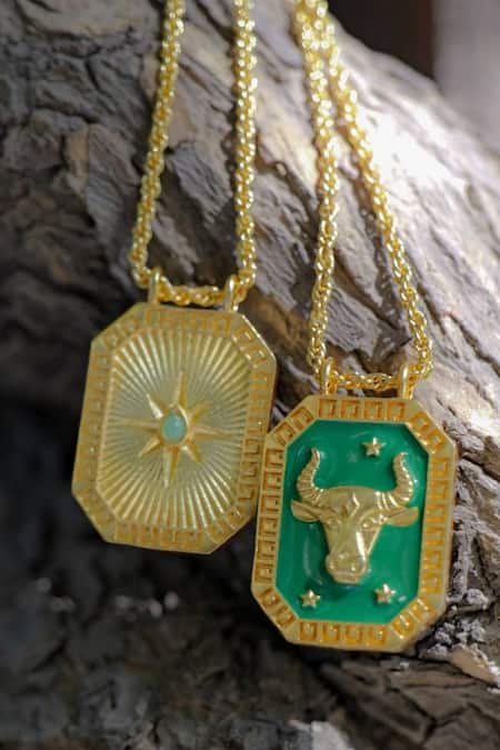ZARIIN_Gold Plated Taurus Zodiac Tablet Necklace _at_Aza_Fashions