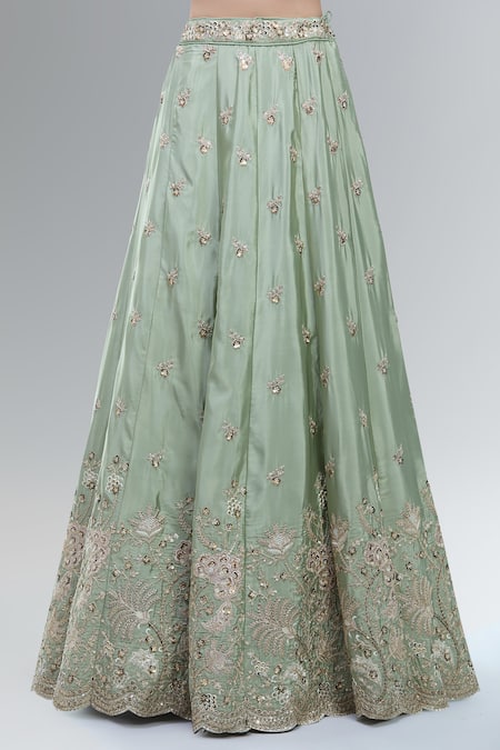 Shop_Samyukta Singhania_Green Satin, Polyester, Chiffon Beads, Sequins, Embroidered Classic Lehenga Set _Online_at_Aza_Fashions