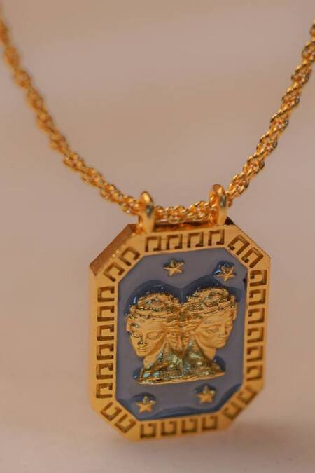 Shop_Zariin_Gold Plated Gemini Zodiac Tablet Necklace _Online_at_Aza_Fashions