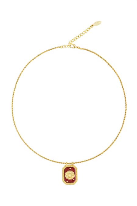 Shop Zariin Gold Plated Leo Zodiac Tablet Necklace With Peridot at Aza Fashions Shop_Zariin_Gold Plated Leo Zodiac Tablet Necklace With Peridot _at_Aza_Fashions