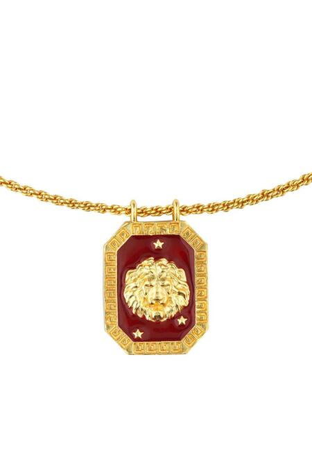 Zariin Gold Plated Leo Zodiac Tablet Necklace With Peridot Online at Aza Fashions Zariin_Gold Plated Leo Zodiac Tablet Necklace With Peridot _Online_at_Aza_Fashions