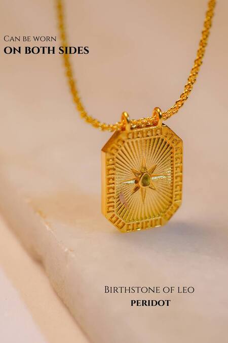 Shop Zariin Gold Plated Leo Zodiac Tablet Necklace With Peridot Online at Aza Fashions Shop_Zariin_Gold Plated Leo Zodiac Tablet Necklace With Peridot _Online_at_Aza_Fashions