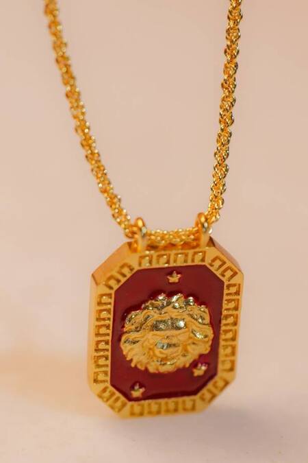 Zariin Gold Plated Leo Zodiac Tablet Necklace With Peridot at Aza Fashions Zariin_Gold Plated Leo Zodiac Tablet Necklace With Peridot _at_Aza_Fashions