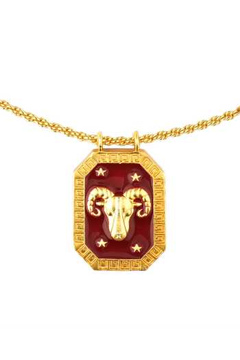 ZARIIN_Gold Plated Aries Zodiac Tablet Necklace With Clear Quartz _Online_at_Aza_Fashions