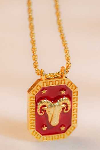 Shop_ZARIIN_Gold Plated Aries Zodiac Tablet Necklace With Clear Quartz _Online_at_Aza_Fashions