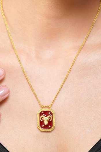 ZARIIN_Gold Plated Aries Zodiac Tablet Necklace With Clear Quartz _at_Aza_Fashions