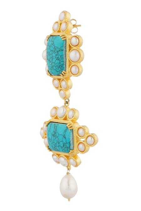 ZARIIN Gold Plated Gemstones, Pearls Travel Blues Statement Earrings Online at Aza Fashions ZARIIN_Gold Plated Gemstones, Pearls Travel Blues Statement Earrings _Online_at_Aza_Fashions