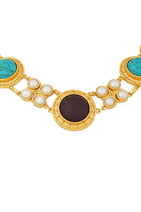 Zariin_Gold Plated Choker Necklace With Turquoise And Pearl _Online_at_Aza_Fashions