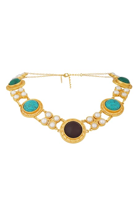 Zariin Gold Choker Necklace with Turquoise & Pearl 