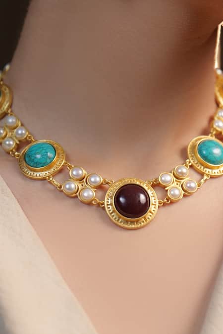 Zariin Gold Plated Choker Necklace With Turquoise And Pearl 