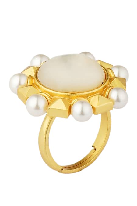 Zariin_Gold Plated Pearls Motif Adjustable Ring _Online_at_Aza_Fashions