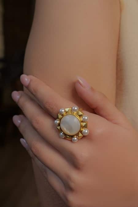 Zariin Gold Plated Pearls Motif Adjustable Ring 