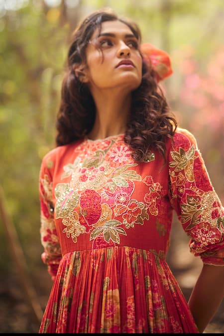 Paulmi And Harsh_Red Chanderi, Cotton Lace, Embroidery, Tassels Round Orange Maxi Dress And Scarf _Online_at_Aza_Fashions