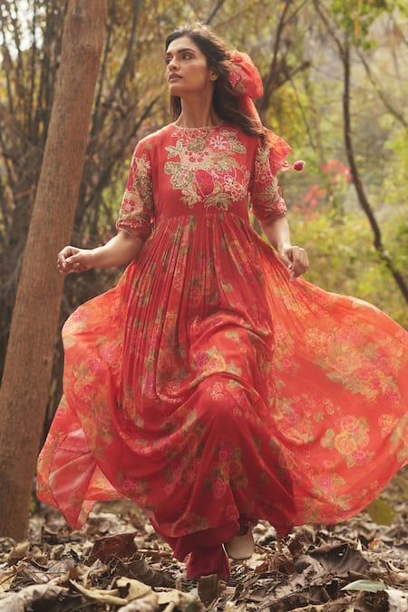 Buy_Paulmi And Harsh_Red Chanderi, Cotton Lace, Embroidery, Tassels Round Orange Maxi Dress And Scarf _Online_at_Aza_Fashions