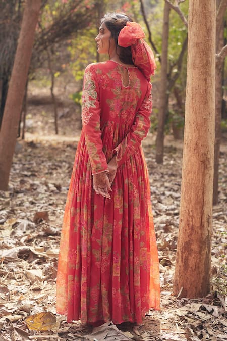 Paulmi And Harsh Red Orange Chanderi Maxi Dress & Scarf 