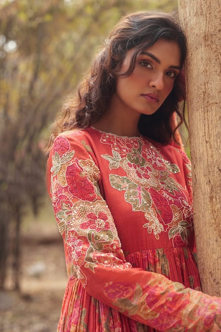 Shop_Paulmi And Harsh_Red Chanderi, Cotton Lace, Embroidery, Tassels Round Orange Maxi Dress And Scarf _Online_at_Aza_Fashions