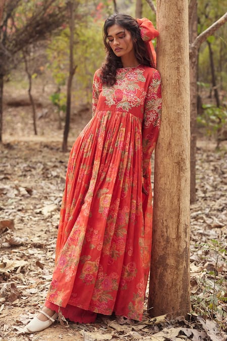 Paulmi And Harsh_Red Chanderi, Cotton Lace, Embroidery, Tassels Round Orange Maxi Dress And Scarf _at_Aza_Fashions