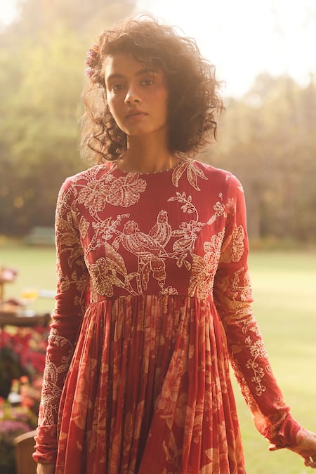 Paulmi And Harsh Red Chanderi, Cotton Embroidery Round Floral Print Anarkali Maxi Dress And Scarf Online at Aza Fashions Paulmi And Harsh_Red Chanderi, Cotton Embroidery Round Floral Print Anarkali Maxi Dress And Scarf _Online_at_Aza_Fashions