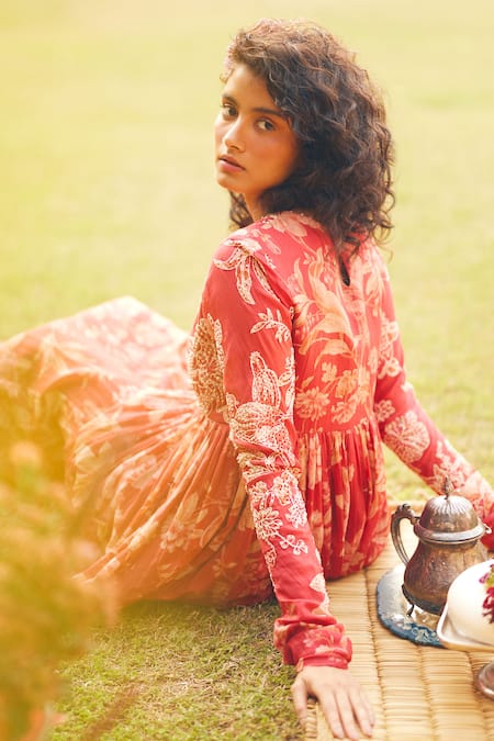 Shop Paulmi And Harsh Red Chanderi, Cotton Embroidery Round Floral Print Anarkali Maxi Dress And Scarf Online at Aza Fashions Shop_Paulmi And Harsh_Red Chanderi, Cotton Embroidery Round Floral Print Anarkali Maxi Dress And Scarf _Online_at_Aza_Fashions
