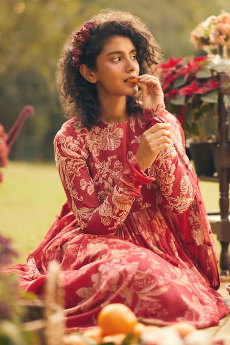 Paulmi And Harsh Red Chanderi, Cotton Embroidery Round Floral Print Anarkali Maxi Dress And Scarf at Aza Fashions Paulmi And Harsh_Red Chanderi, Cotton Embroidery Round Floral Print Anarkali Maxi Dress And Scarf _at_Aza_Fashions