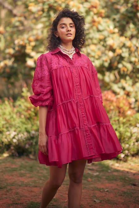 Paulmi and Harsh Pink Organza, Lace, Beads Collared Hot Embroidered Short Dress 