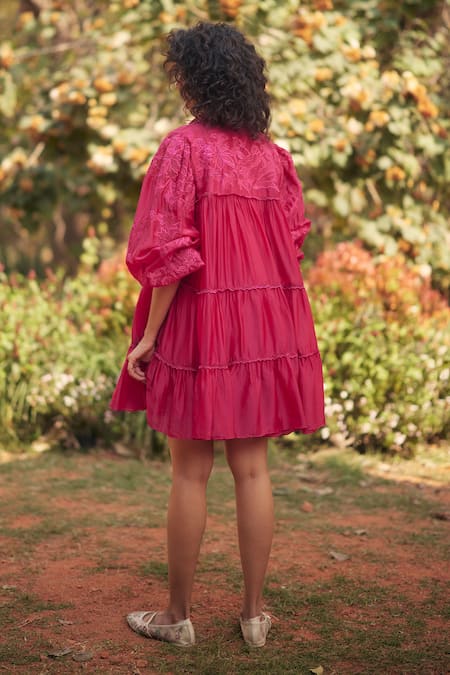 Paulmi And Harsh Hot Pink Embroidered Short Dress 