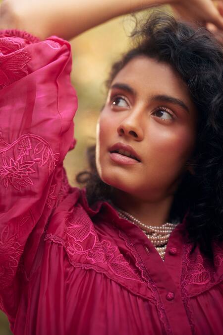 Paulmi And Harsh_Pink Organza, Lace, Beads Collared Hot Embroidered Short Dress _Online_at_Aza_Fashions