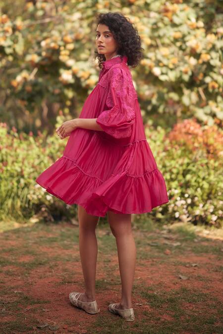 Buy_Paulmi And Harsh_Pink Organza, Lace, Beads Collared Hot Embroidered Short Dress _Online_at_Aza_Fashions