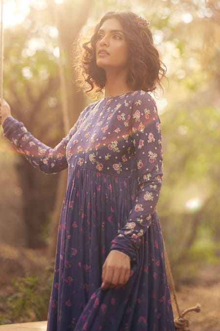 Paulmi And Harsh_Green Chanderi Beads, Embroidery Round Neck Floral Print Anarkali Set _Online_at_Aza_Fashions