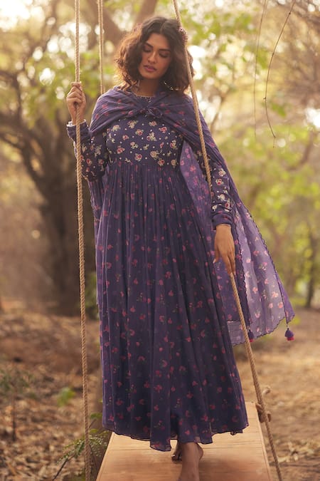 Buy_Paulmi And Harsh_Green Chanderi Beads, Embroidery Round Neck Floral Print Anarkali Set _Online_at_Aza_Fashions