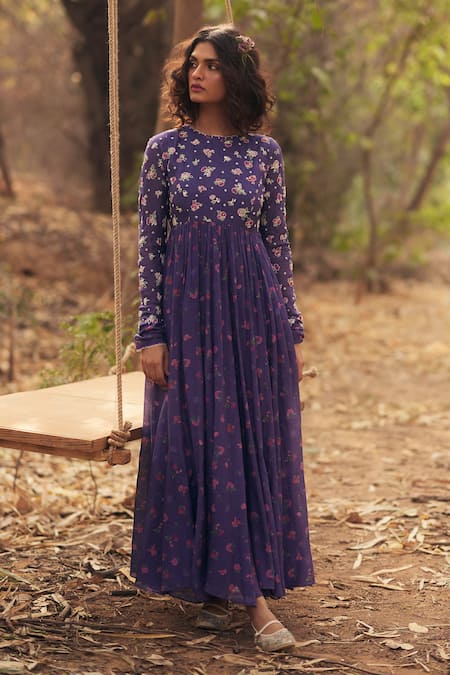 Shop_Paulmi And Harsh_Green Chanderi Beads, Embroidery Round Neck Floral Print Anarkali Set _Online_at_Aza_Fashions