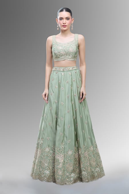 Buy_Samyukta Singhania_Green Satin, Polyester, Chiffon Beads, Sequins, Embroidered Classic Lehenga Set 