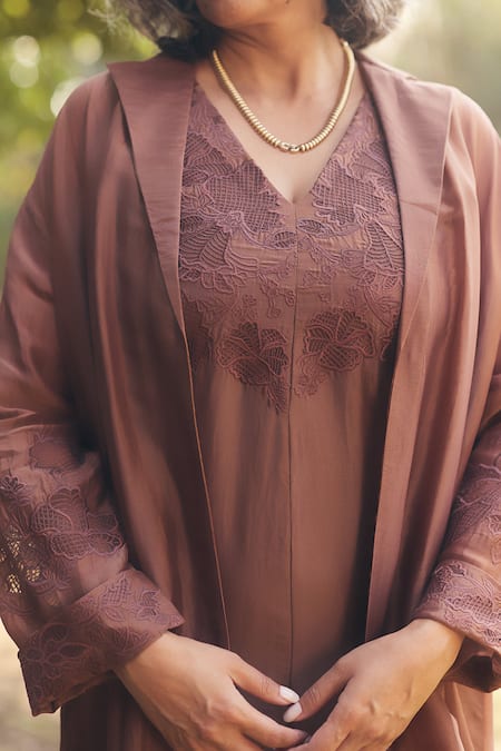 Paulmi And Harsh_Brown Silk Organza Embroidery V-, Open Mocha Jacket Jumpsuit _Online_at_Aza_Fashions