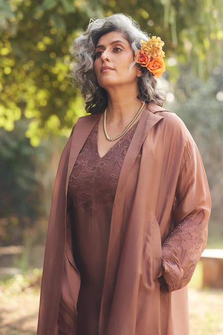 Buy_Paulmi And Harsh_Brown Silk Organza Embroidery V-, Open Mocha Jacket Jumpsuit _Online_at_Aza_Fashions