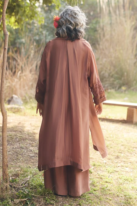 Paulmi And Harsh Mocha Brown Embroidered Jacket Jumpsuit 