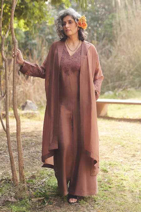 Paulmi and Harsh Mocha Brown Embroidered Jacket Jumpsuit 