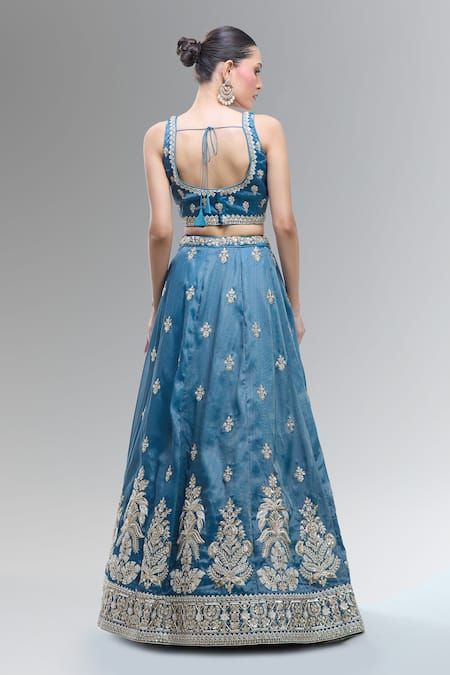 Shop Samyukta Singhania Blue Tissue Beads, Sequins, Zari, Pearls, Stones Classic Lehenga Set at Aza Fashions Shop_Samyukta Singhania_Blue Tissue Beads, Sequins, Zari, Pearls, Stones Classic Lehenga Set _at_Aza_Fashions