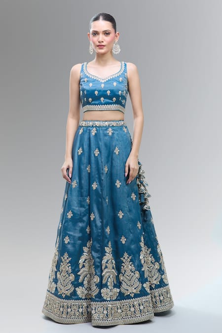 Buy Samyukta Singhania Blue Tissue Beads, Sequins, Zari, Pearls, Stones Classic Lehenga Set Buy_Samyukta Singhania_Blue Tissue Beads, Sequins, Zari, Pearls, Stones Classic Lehenga Set